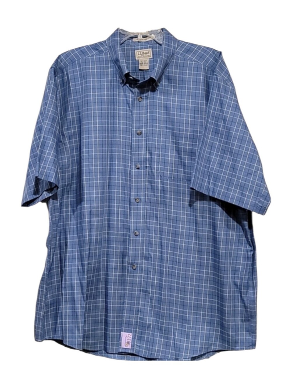 LL Bean shirt short sleeve plaid blue men's button down XL cotton office preppy
